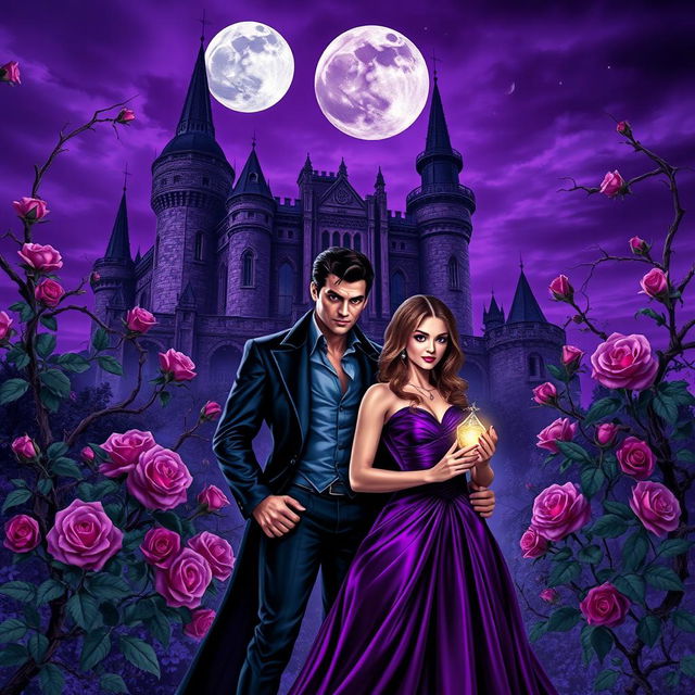 A dark fantasy book cover featuring a gothic couple of vampires in front of a majestic castle surrounded by thorny purple vines and blooming roses at night