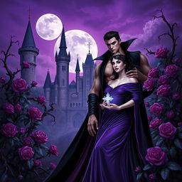 A dark fantasy book cover featuring a gothic couple of vampires in front of a majestic castle surrounded by thorny purple vines and blooming roses at night