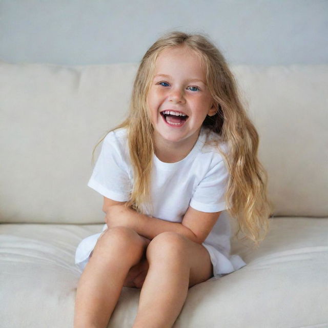 A cheerful little girl with long, golden hair and blue eyes. She is lying barefoot on a couch, wearing a white shirt and white shorts, laughing heartily.