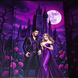 A dark fantasy book cover featuring a gothic couple of vampires in front of a majestic castle surrounded by thorny purple vines and blooming roses at night