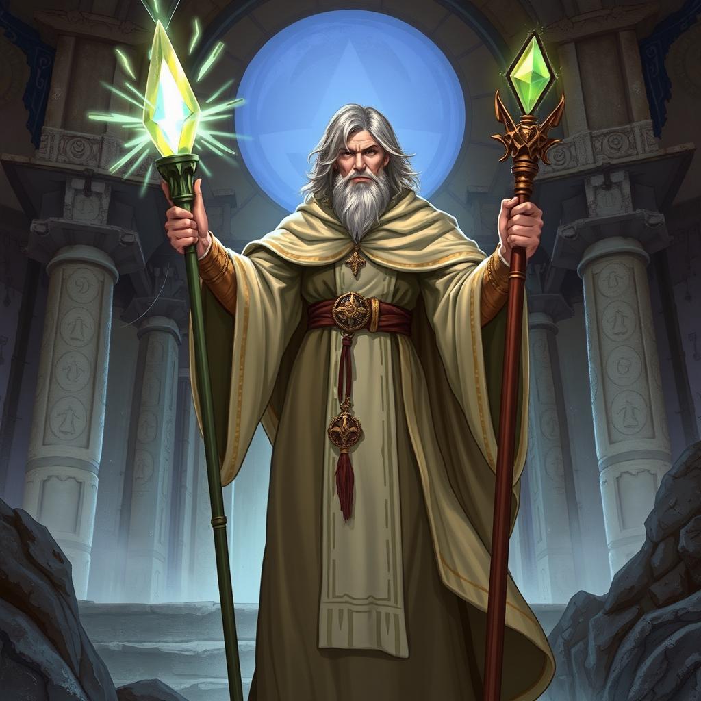 A detailed illustration of a cleric in a fantasy setting, wearing traditional robes and holding a staff with a glowing crystal