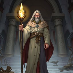 A detailed illustration of a cleric in a fantasy setting, wearing traditional robes and holding a staff with a glowing crystal