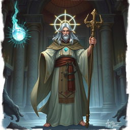 A detailed illustration of a cleric in a fantasy setting, wearing traditional robes and holding a staff with a glowing crystal