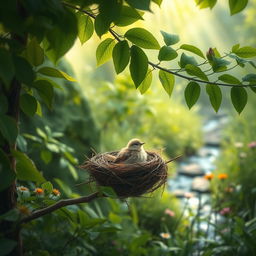 In a serene and lush green forest, a small bird sits in its nest, injured and without its parents