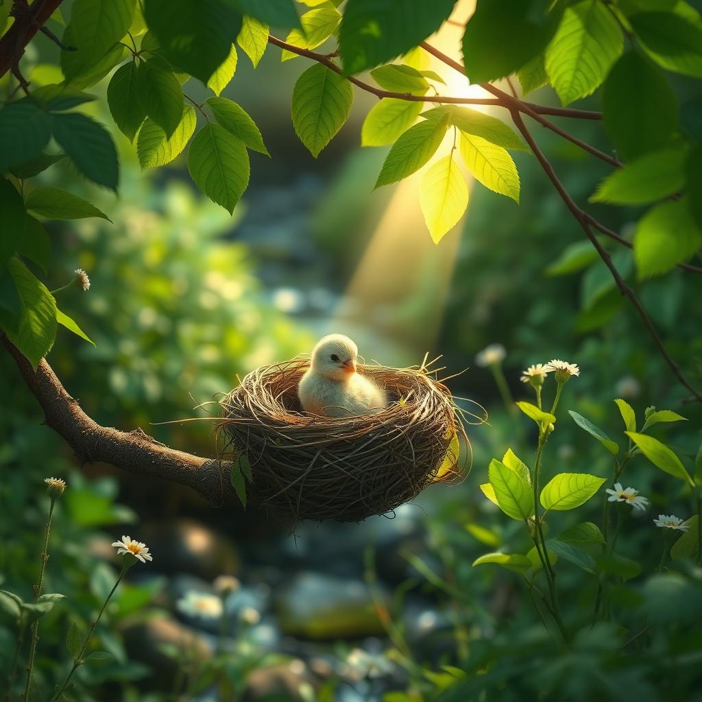 In a serene and lush green forest, a small bird sits in its nest, injured and without its parents