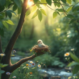 In a serene and lush green forest, a small bird sits in its nest, injured and without its parents