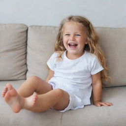 A cheerful little girl with long, golden hair and blue eyes. She is lying barefoot on a couch, wearing a white shirt and white shorts, laughing heartily.