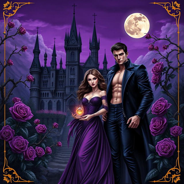 A dark fantasy book cover featuring a young gothic couple of vampires in front of a majestic castle surrounded by thorny purple vines and blooming roses at night