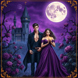 A dark fantasy book cover featuring a young gothic couple of vampires in front of a majestic castle surrounded by thorny purple vines and blooming roses at night