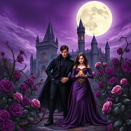 A dark fantasy book cover featuring a young gothic couple of vampires in front of a majestic castle surrounded by thorny purple vines and blooming roses at night