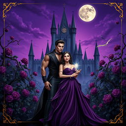 A dark fantasy book cover featuring a young gothic couple of vampires in front of a majestic castle surrounded by thorny purple vines and blooming roses at night