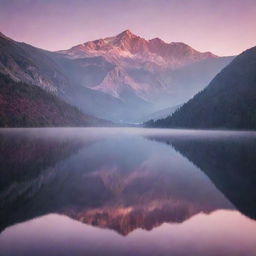 A breathtaking vista of a misty mountain range during sunset, with hues of pink and purple reflecting off a calm lake.