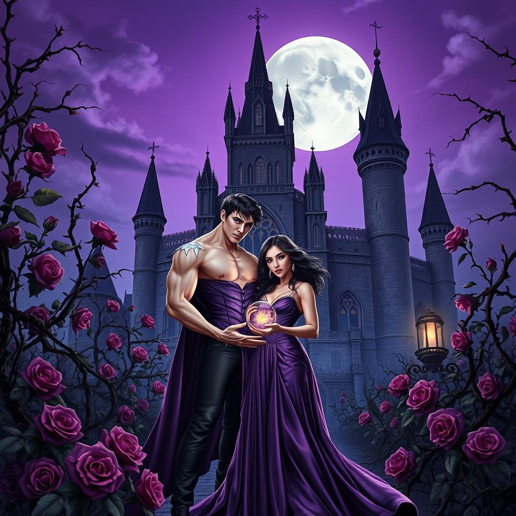 A dark fantasy book cover featuring a young gothic couple of vampires in front of a majestic castle surrounded by thorny purple vines and blooming roses at night