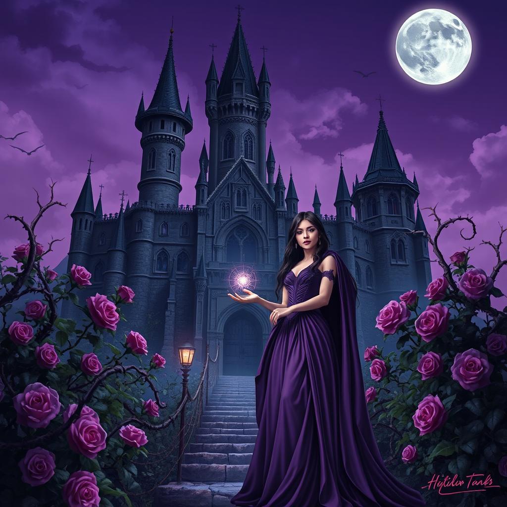 A dark fantasy book cover featuring a young gothic couple of vampires in front of a majestic castle surrounded by thorny purple vines and blooming roses at night