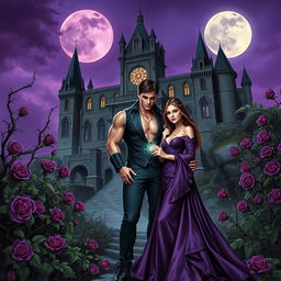 A dark fantasy book cover featuring a young gothic couple of vampires in front of a majestic castle surrounded by thorny purple vines and blooming roses at night