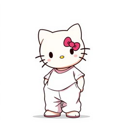 Create an image of a male Hello Kitty character wearing a loose-fitting t-shirt and baggy pants