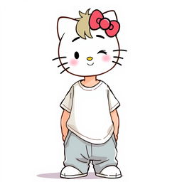 Create an image of a male Hello Kitty character wearing a loose-fitting t-shirt and baggy pants