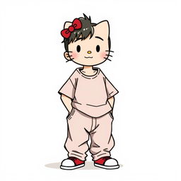 Create an image of a male Hello Kitty character wearing a loose-fitting t-shirt and baggy pants