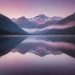 A breathtaking vista of a misty mountain range during sunset, with hues of pink and purple reflecting off a calm lake.