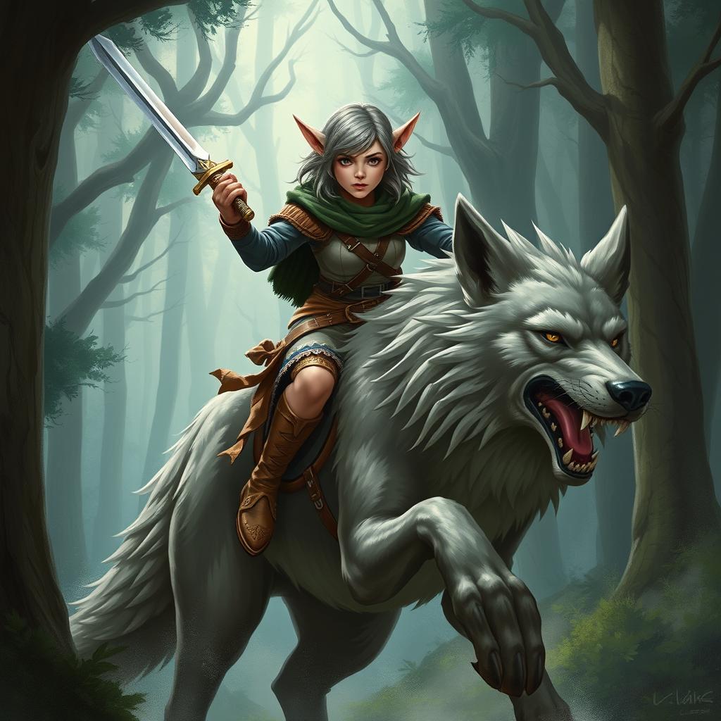 A female shorthaired halfling wielding a longsword, riding a majestic wolf through a forest