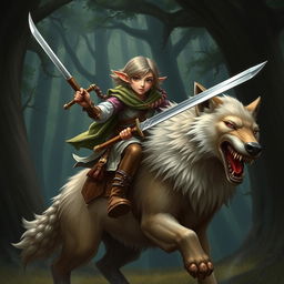 A female shorthaired halfling wielding a longsword, riding a majestic wolf through a forest