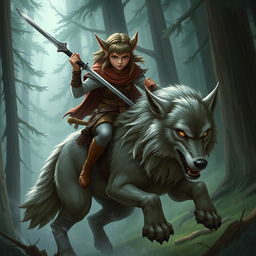 A female shorthaired halfling wielding a longsword, riding a majestic wolf through a forest