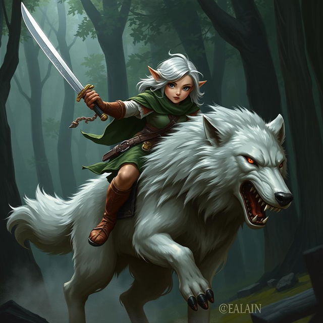 A female shorthaired halfling wielding a longsword, riding a majestic wolf through a forest