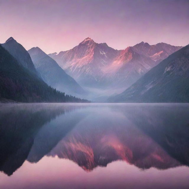 A breathtaking vista of a misty mountain range during sunset, with hues of pink and purple reflecting off a calm lake.