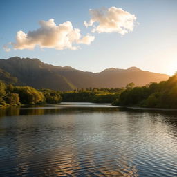 A serene landscape featuring a calm lake surrounded by lush green trees and mountains in the background