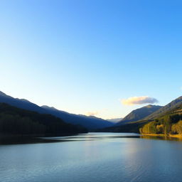 A serene landscape featuring a calm lake surrounded by lush green trees and mountains in the background