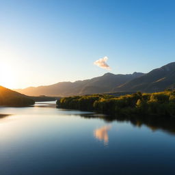 A serene landscape featuring a calm lake surrounded by lush green trees and mountains in the background