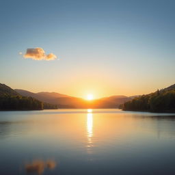 A serene landscape featuring a calm lake surrounded by lush green trees and mountains in the background