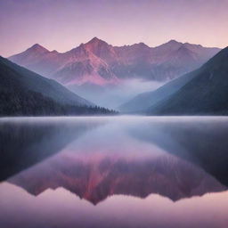 A breathtaking vista of a misty mountain range during sunset, with hues of pink and purple reflecting off a calm lake.