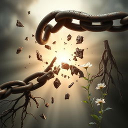 A powerful image depicting the moment a dark, heavy chain is broken by a radiant light