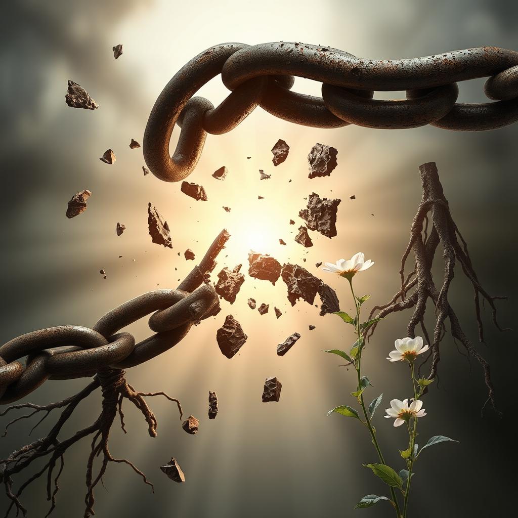 A powerful image depicting the moment a dark, heavy chain is broken by a radiant light