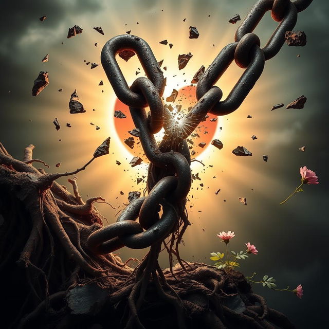 A powerful image depicting the moment a dark, heavy chain is broken by a radiant light