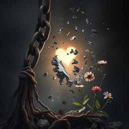 A powerful image depicting the moment a dark, heavy chain is broken by a radiant light