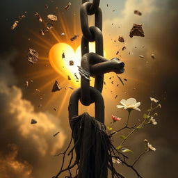 A powerful image depicting the moment a dark, heavy chain is broken by a radiant light