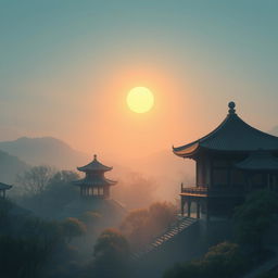 A serene and beautiful scene depicting the 'Luz do oriente' (Light of the East), with a soft, warm glow illuminating an oriental landscape