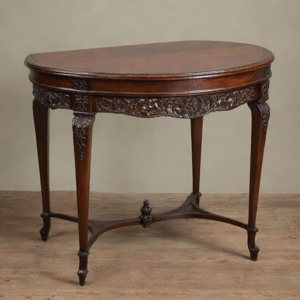 An antique rosewood table with elegant, hand-carved details. The table has a polished finish and is set against a background of a vintage setting.