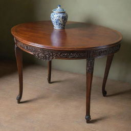 An antique rosewood table with elegant, hand-carved details. The table has a polished finish and is set against a background of a vintage setting.