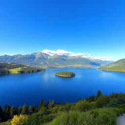 A beautiful landscape showcasing a serene lake surrounded by lush greenery, with mountains in the background and a clear blue sky overhead