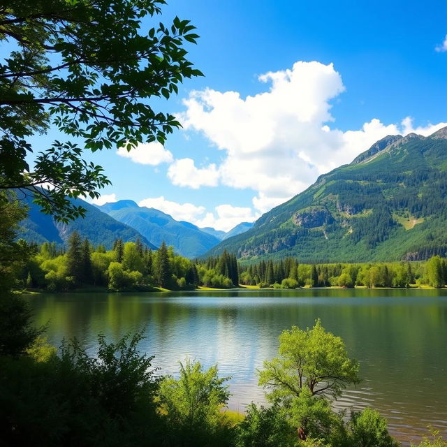 A beautiful landscape showcasing a serene lake surrounded by lush greenery, with mountains in the background and a clear blue sky overhead