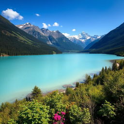 A beautiful landscape showcasing a serene lake surrounded by lush greenery, with mountains in the background and a clear blue sky overhead