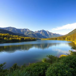 A beautiful landscape showcasing a serene lake surrounded by lush greenery, with mountains in the background and a clear blue sky overhead