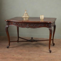 An antique rosewood table with elegant, hand-carved details. The table has a polished finish and is set against a background of a vintage setting.