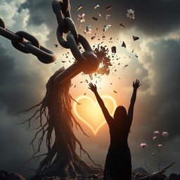 A powerful image depicting the moment a dark, heavy chain is broken by a radiant light