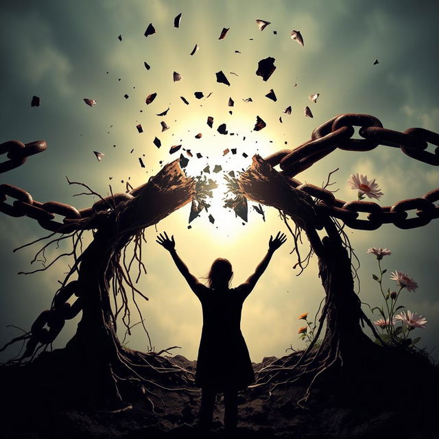 A powerful image depicting the moment a dark, heavy chain is broken by a radiant light