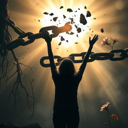 A powerful image depicting the moment a dark, heavy chain is broken by a radiant light