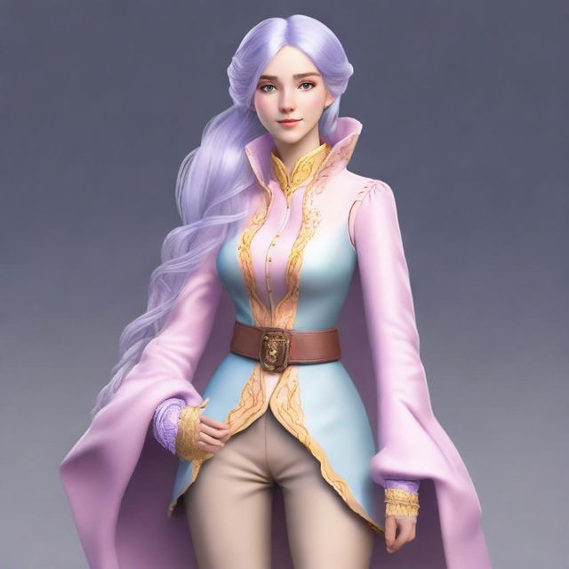 A tall, pale-skinned high-elf woman with Rapunzel-like light blue hair and grey eyes